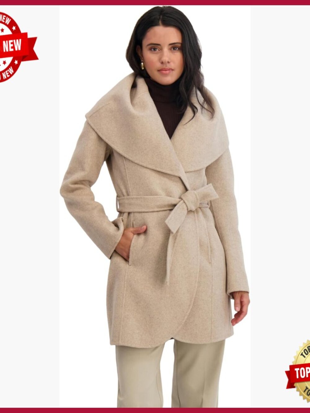 Wool Blend Peacoat With Removable Belt, Oversized Collar, Trench Style